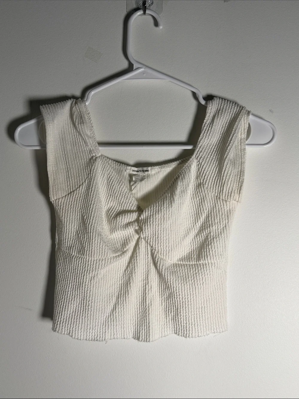 Caution to the wind white ribbed crop top sweetheart neckline twist front top